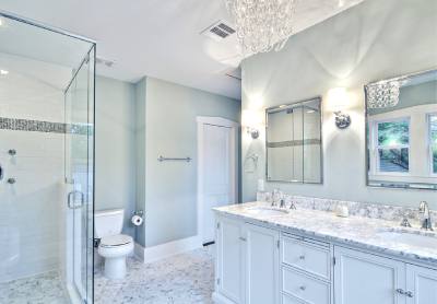 White bathroom with glass shower