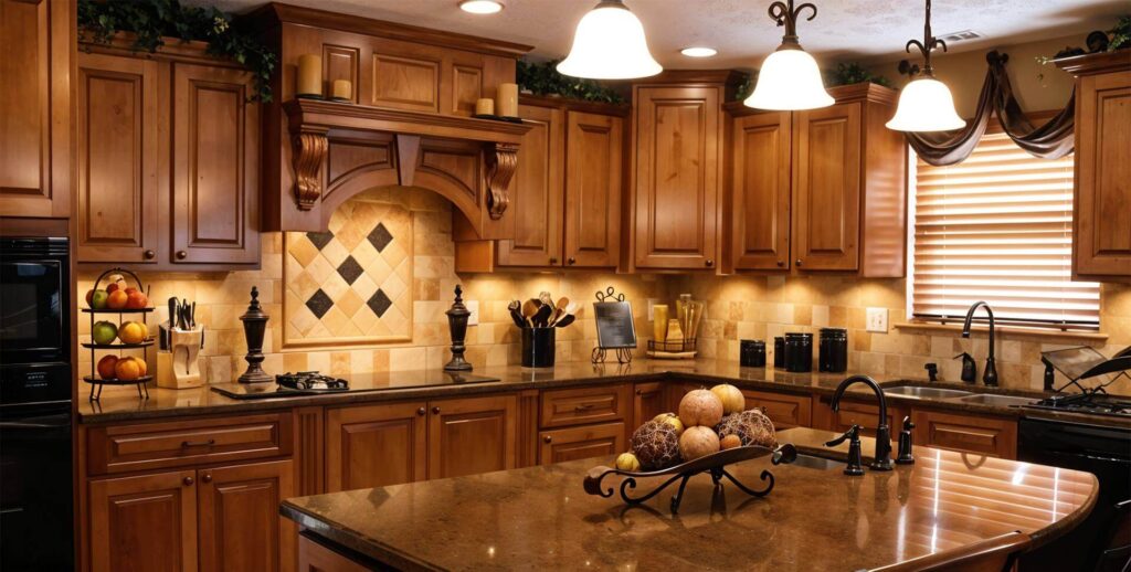 Dark brown wood kitchen cabinets