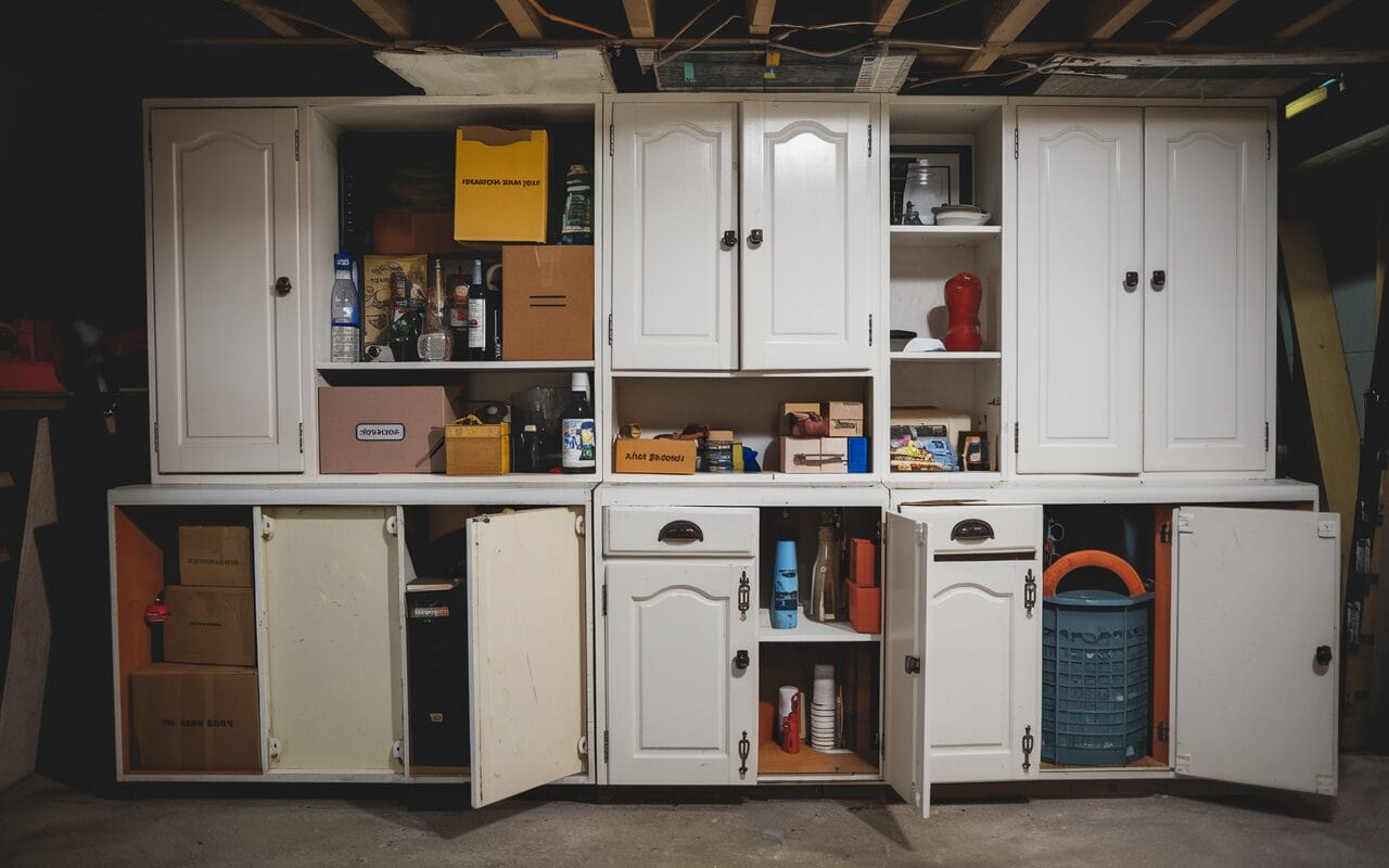 how to repurpose kitchen cabinets into basement storage