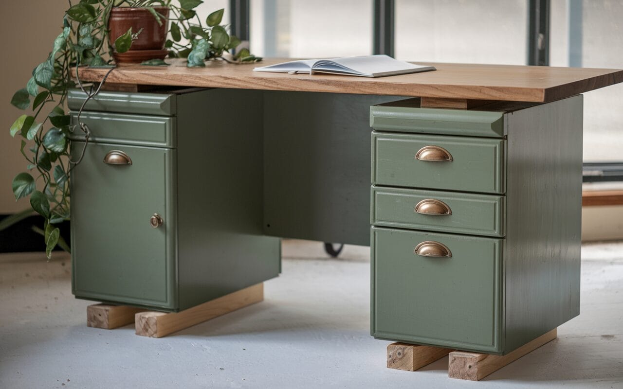 old kitchen cabinets repurposed into desk